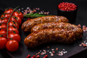 Delicious fried grilled sausages with salt, spices and herbs