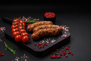 Delicious fried grilled sausages with salt, spices and herbs