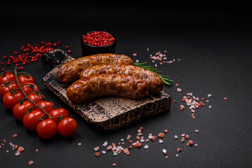 Delicious fried grilled sausages with salt, spices and herbs