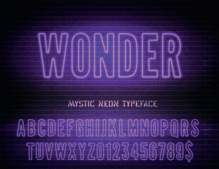 Fototapeta premium Wonder sign with purple neon hollow alphabet on dark brick wall background. Vector illustration
