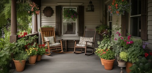 A porch with two wooden rocking chairs, generative Ai