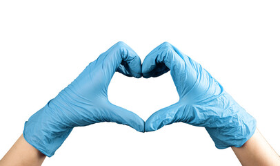 Doctor hand in blue gloves forming heart shaped gesture, symbol of love, isolated on white