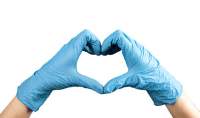 Doctor hand in blue gloves forming heart shaped gesture, symbol of love, isolated on white
