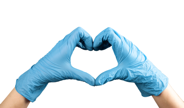Doctor hand in blue gloves forming heart shaped gesture, symbol of love, isolated on white
