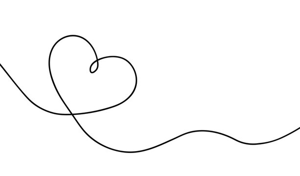 Heart continuous line drawing. One single hands drawn contour heart for design love print. Symbol love oneline. Black lineart sketch isolated on white background. Romance outline. Vector illustration
