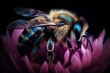 Close up to a Bee Flying to a Pink Flower, Macro Photography. Generative AI