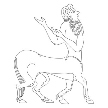 Funny ancient Greek centaur. Half man half horse. Black and white linear silhouette. vase painting style.