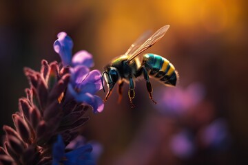 Close up of a Bee Flying to a Pink Flower, Macro Photography. Generative AI