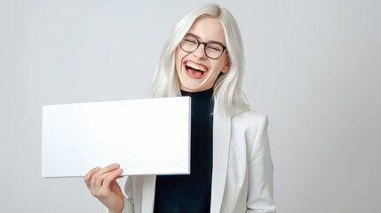 Naklejka premium Frau zeigt Tafel Mockup Freude Verkäuferin Werbung Illustration (Generative AI) Digital Art Background Cover Hintergrund