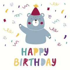 A design with a cute bear wearing a festive hat and colorful confetti. Vector illustration of a wild animal with Scandinavian-style lettering.  Birthday greeting design