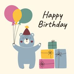 Happy bear in party hat with balloons and lots of presents. Square vector birthday card