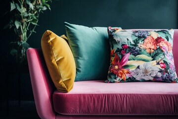 Colorful sofa with pillows and floral chair in modern interior design. Decorative corner. Generative AI