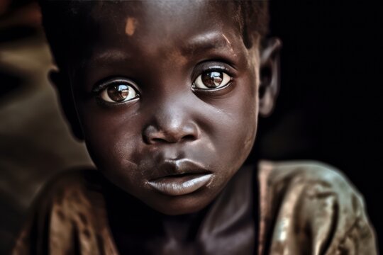 Hungry, starving, poor little child looking at the camera. Generative AI