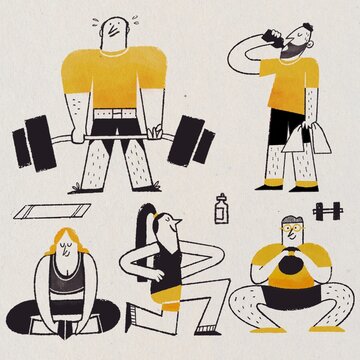 Fitness Illustration with Five Characters Working Out in Minimalist Yellow, Black, and White, Featuring Kettlebell, Weightlifting, Leg Training, and Towel