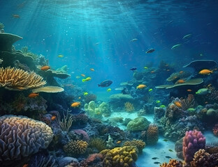 Fototapeta premium Great Barrier Reef, underwater illustration, saline, coral reef, nature, background, ocean. Generative AI.