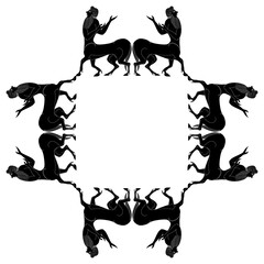 Geometrical ethnic frame with centaurs. Half men half horses. Ancient Greek vase painting style. Black and white silhouette.