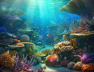 Fototapeta na wymiar Great Barrier Reef, underwater illustration, saline, coral reef, nature, background, ocean. Generative AI.