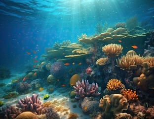 Great Barrier Reef, underwater illustration, saline, coral reef, nature, background, ocean. Generative AI.