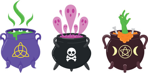 Various witch cauldrons, vector illustration