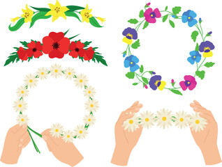 Floral wreaths: antonyms ocelli, poppy, lilies and daisies, vector illustration