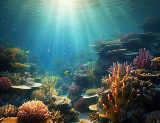 Great Barrier Reef, underwater illustration, saline, coral reef, nature, background, ocean. Generative AI.