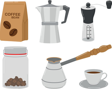 Coffee grinder, coffee maker, grains, jar, cup of coffee, vector illustration