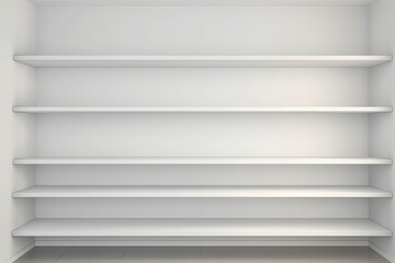 Fototapeta premium empty white shelves in a minimalist white room. Generative AI
