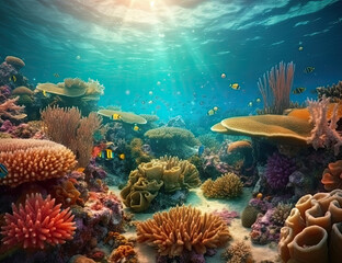 Fototapeta na wymiar Great Barrier Reef, underwater illustration, saline, coral reef, nature, background, ocean. Generative AI.