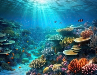 Obraz na płótnie Canvas Great Barrier Reef, underwater illustration, saline, coral reef, nature, background, ocean. Generative AI.