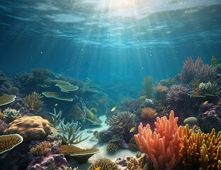 Fototapeta premium Great Barrier Reef, underwater illustration, saline, coral reef, nature, background, ocean. Generative AI.