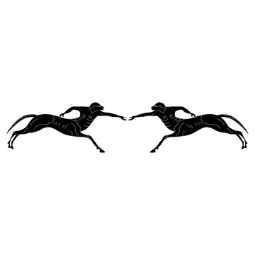 Symmetrical design with two running ancient Greek centaurs. Half men half horses. Vase painting style. Black and white silhouette.