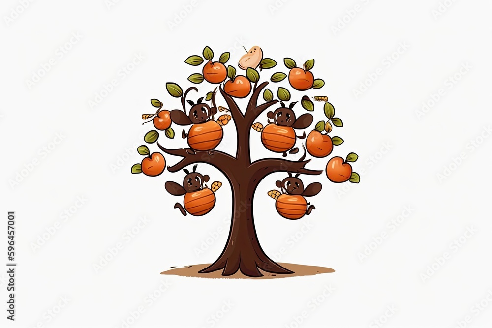 Poster tree full of ripe apples and playful monkeys. generative ai