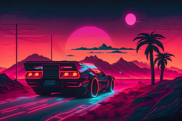 Fototapeta na wymiar The futuristic retro landscape of the 80s. Illustration of the moon and car in retro style. Suitable for the design of the 80s style