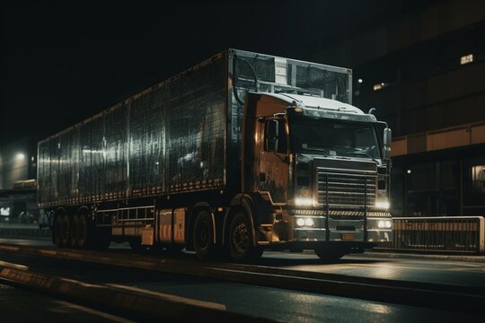 Nighttime cargo delivery by truck in global logistics. Generative AI