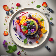 Dessert Garnished with colourful fresh vegetables. On a , Generative AI
