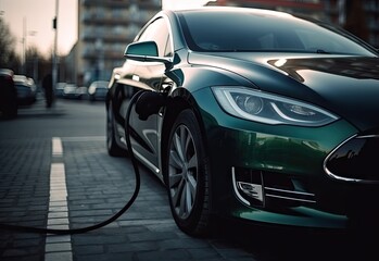 Obraz na płótnie Canvas Distinctive Electric Car Noses Charging in a Parking Lot - Modern Art - Generative AI