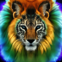 Illustration of a lion with colorful mane. Generative AI