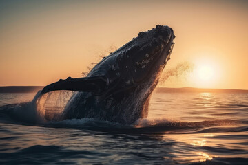 Witness the awe-inspiring sight of a humpback whale leaping out of the water, displaying its natural behavior and grace. Is AI Generative.