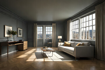 Cozy grey corner sofa with many pillows and fur blankets. Warm and inviting winter atmosphere. Nordic, scandinavian home interior design of modern living room in house