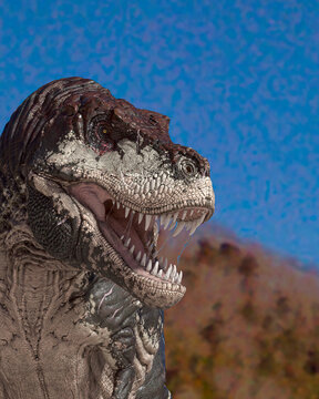 close up on the tyrannosaurus rex in the winter is coming