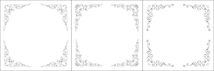 Set of three vector frames. Elegant black and white monochrome ornamental border for greeting cards, banners, invitations. Vector frame for all sizes and formats. Isolated vector illustration.