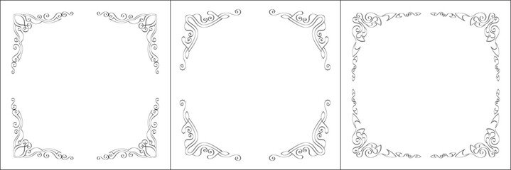 Set of three vector frames. Elegant black and white monochrome ornamental border for greeting cards, banners, invitations. Vector frame for all sizes and formats. Isolated vector illustration.