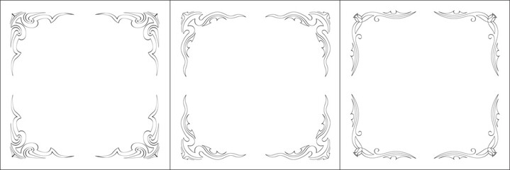 Set of three vector frames. Elegant black and white monochrome ornamental border for greeting cards, banners, invitations. Vector frame for all sizes and formats. Isolated vector illustration.