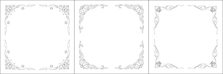 Set of three vector frames. Elegant black and white monochrome ornamental border for greeting cards, banners, invitations. Vector frame for all sizes and formats. Isolated vector illustration.