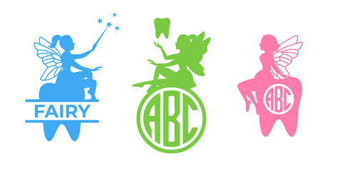 Set of tooth fairies with tooth monogram. Dental monogram. Funny tooth fairies in different poses. Mythical fairy tale characters in cute dresses.
