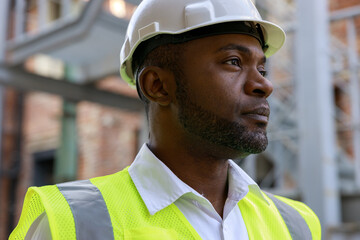 African american man controller in protective white hardhat standing looking around. Concept of...
