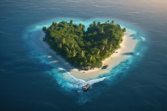 Discover a heart-shaped island from a bird's eye view with a boat anchored nearby in crystal clear water. Perfect for travel and love concepts. AI Generative.