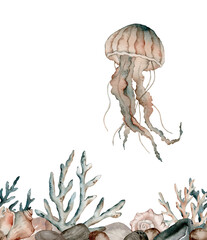 Seamless repeating border with watercolor seaweed and coral, fish. Hand painted stone, medusa, seashells pattern. Watercolor vintage ocean background. Original hand drawn illustration. Marine design.