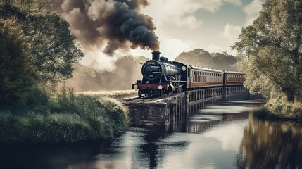 Fototapeta na wymiar a steam train crossing a bridge over a river, steam trailing behind, reflections in the water, bright colours, , fine detail, hyper realistic, Generative AI.