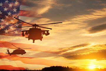 Fototapeta na wymiar Silhouettes of helicopters on background of sunset with a transparent American flag. Greeting card for Veterans Day, Memorial Day, Air Force Day. USA celebration.